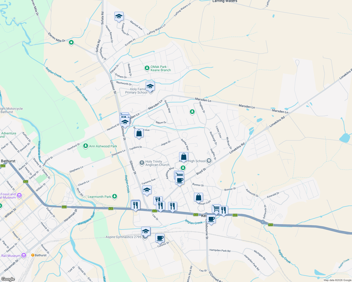 map of restaurants, bars, coffee shops, grocery stores, and more near 8 Jagoe Drive in Kelso