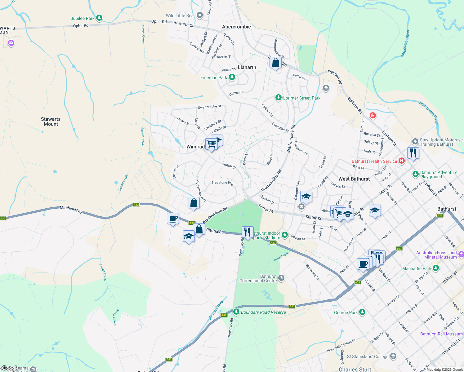 map of restaurants, bars, coffee shops, grocery stores, and more near 37 Freestone Way in Windradyne