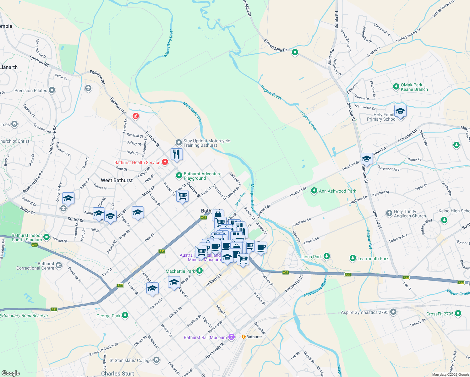 map of restaurants, bars, coffee shops, grocery stores, and more near 37 Stewart Street in Bathurst