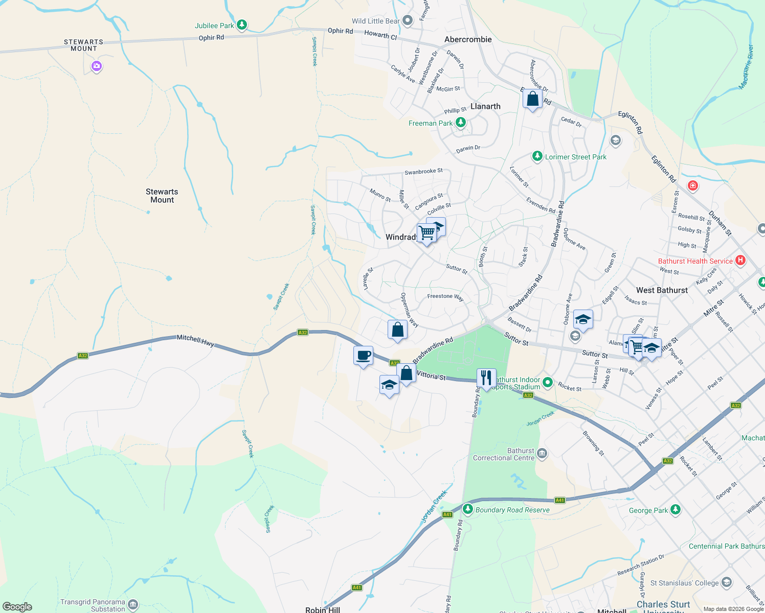 map of restaurants, bars, coffee shops, grocery stores, and more near 61 Lavelle Street in Windradyne