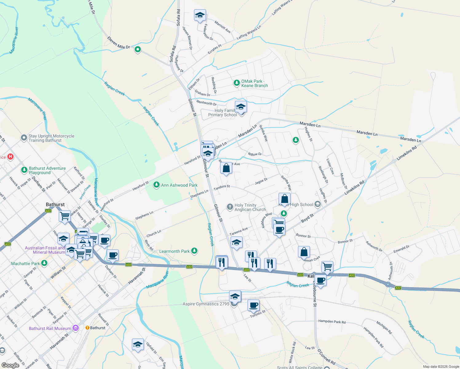map of restaurants, bars, coffee shops, grocery stores, and more near 65 Tandora Street in Kelso