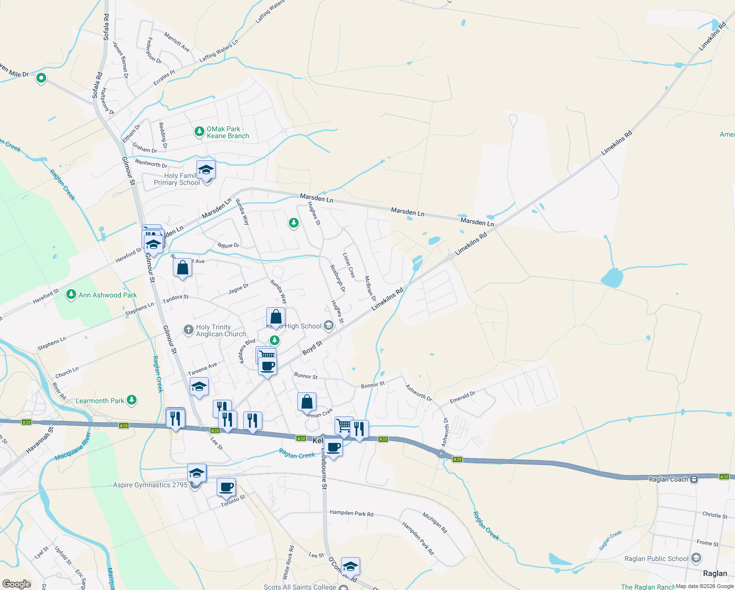 map of restaurants, bars, coffee shops, grocery stores, and more near 1 Kerr Place in Kelso