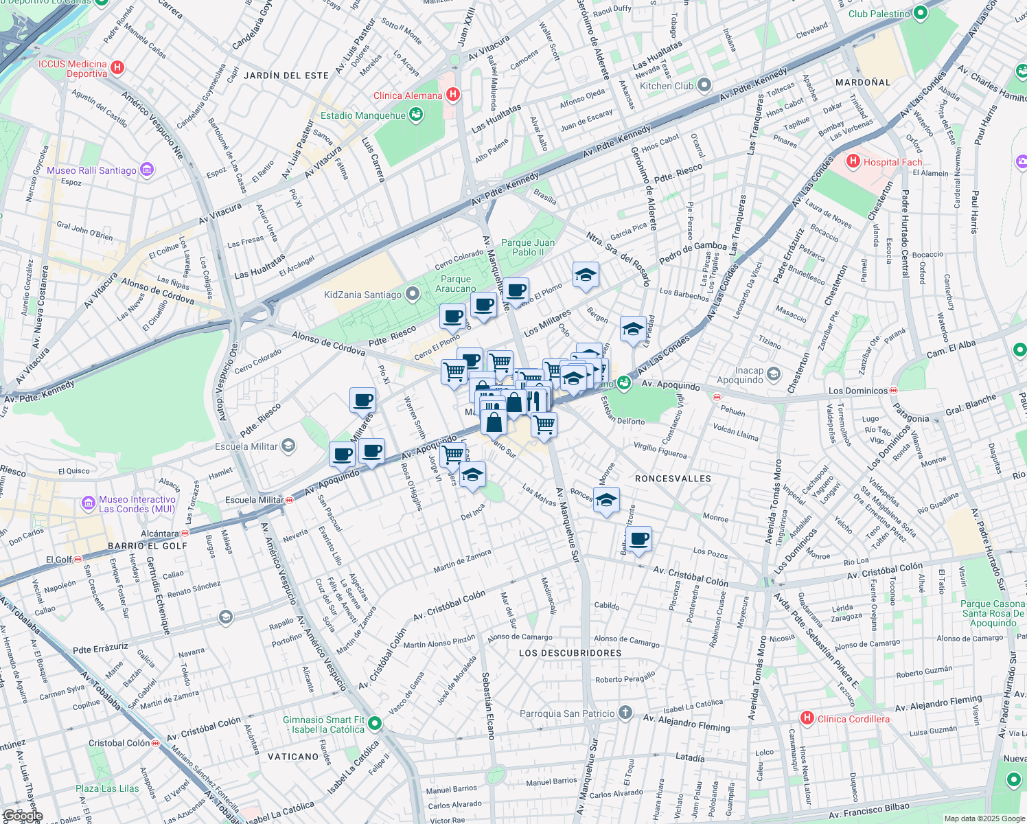 map of restaurants, bars, coffee shops, grocery stores, and more near 5950 Avenida Apoquindo in Las Condes
