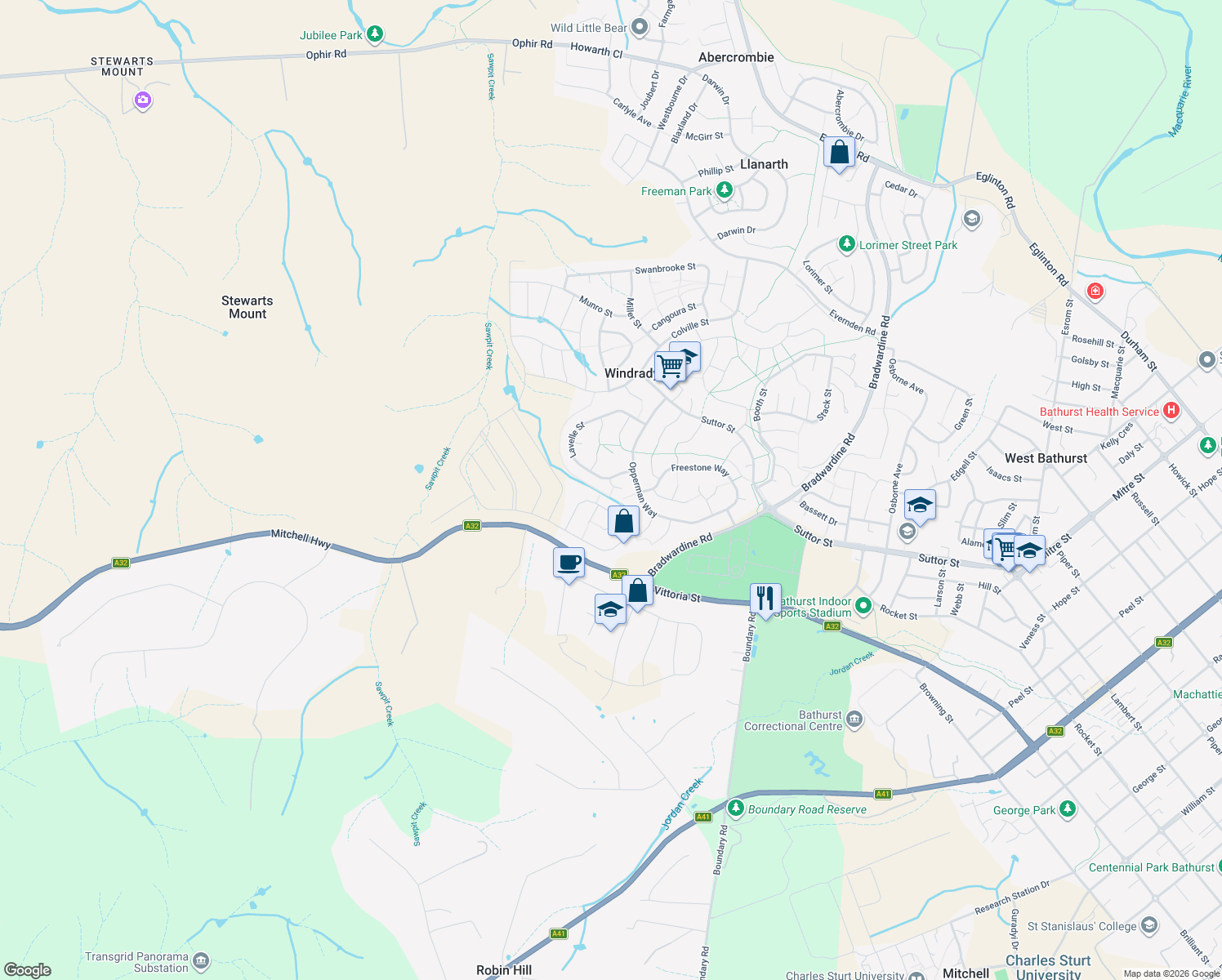 map of restaurants, bars, coffee shops, grocery stores, and more near 5 Burgess Place in Windradyne
