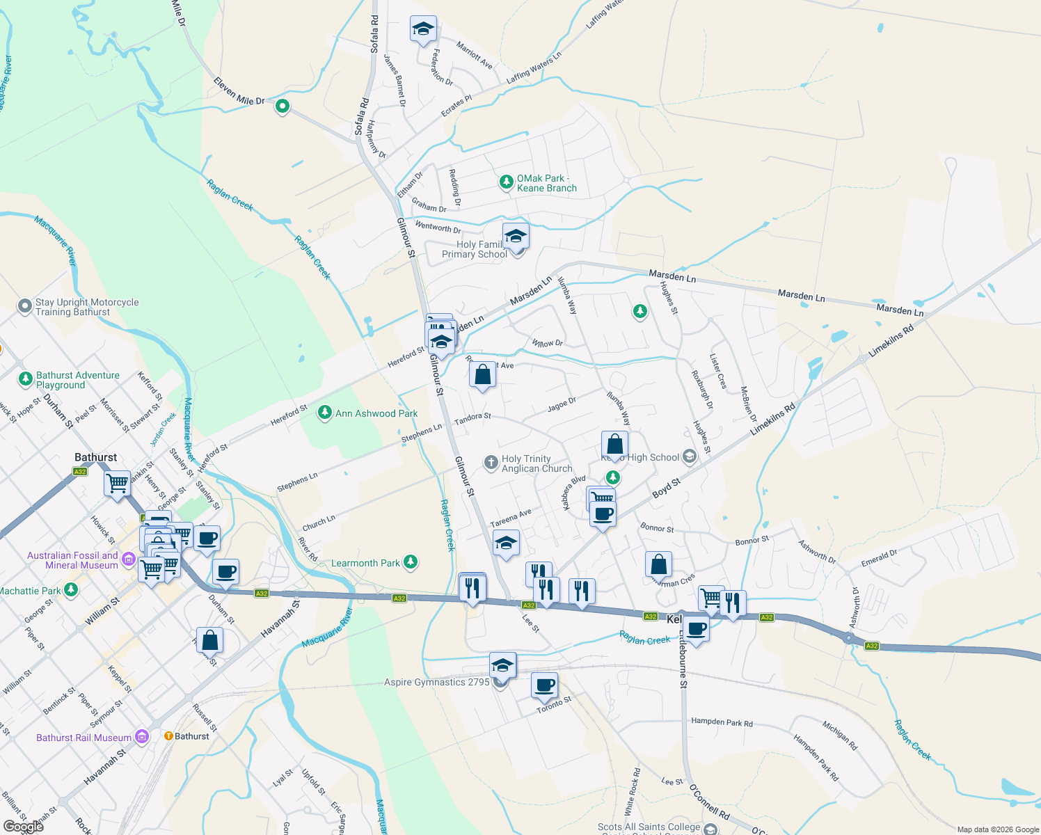 map of restaurants, bars, coffee shops, grocery stores, and more near 33 Jagoe Drive in Kelso