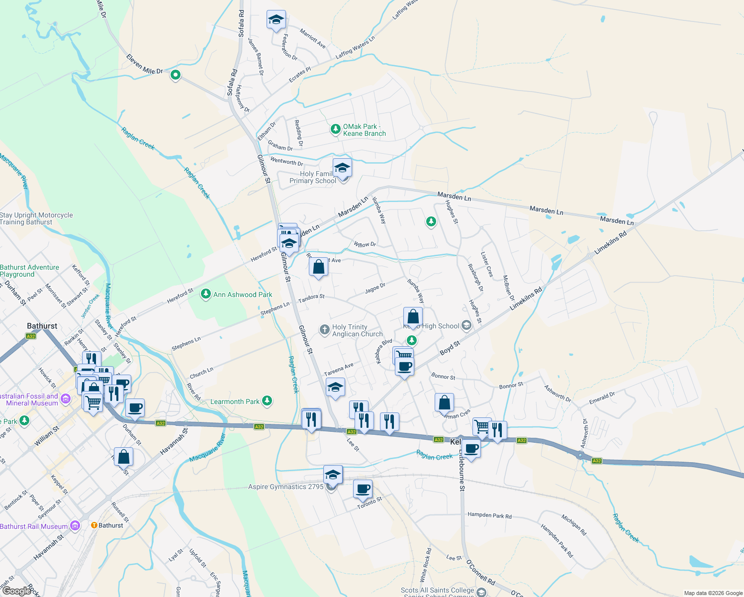 map of restaurants, bars, coffee shops, grocery stores, and more near 9 Arnold Court in Kelso