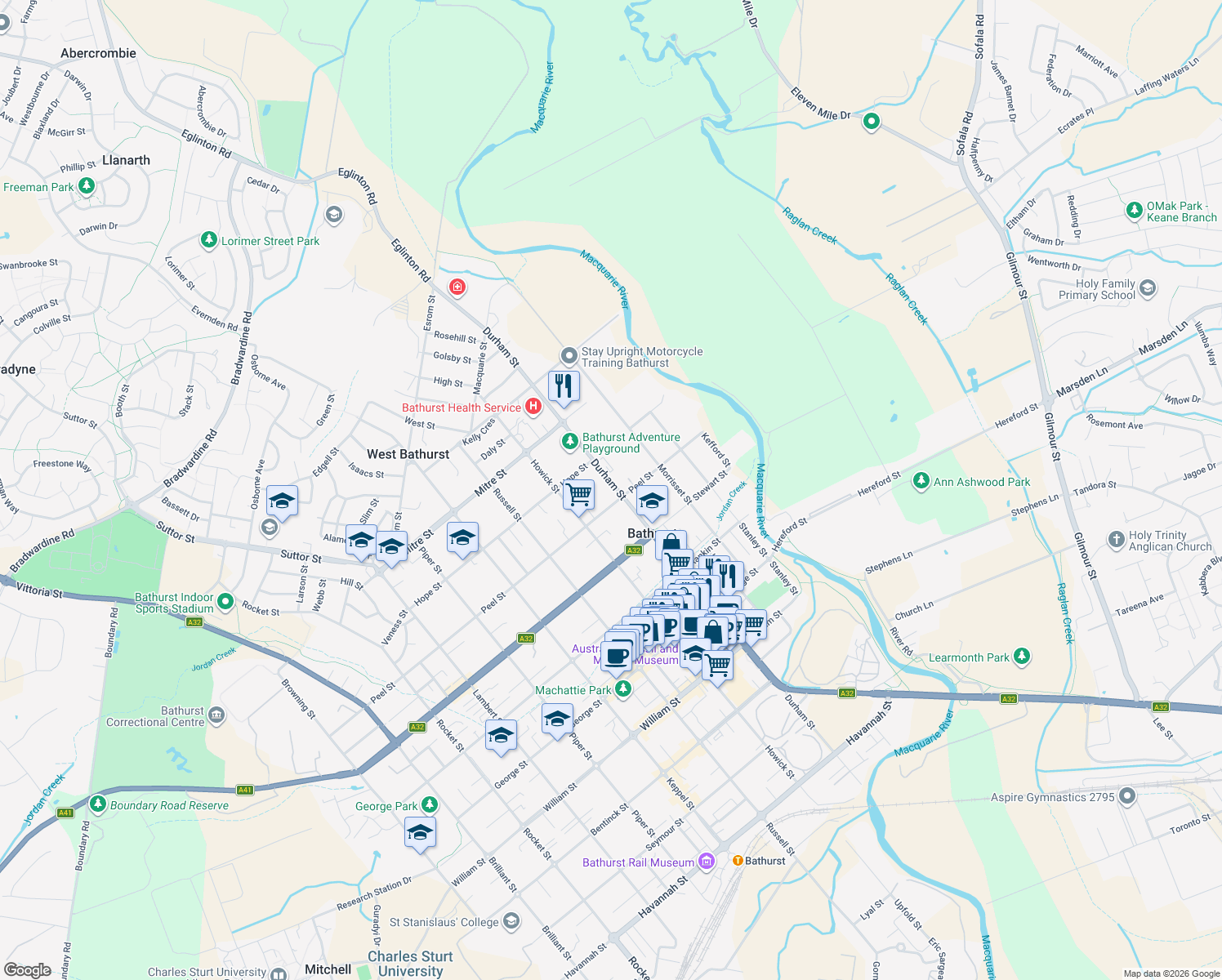 map of restaurants, bars, coffee shops, grocery stores, and more near 202 Durham Street in Bathurst
