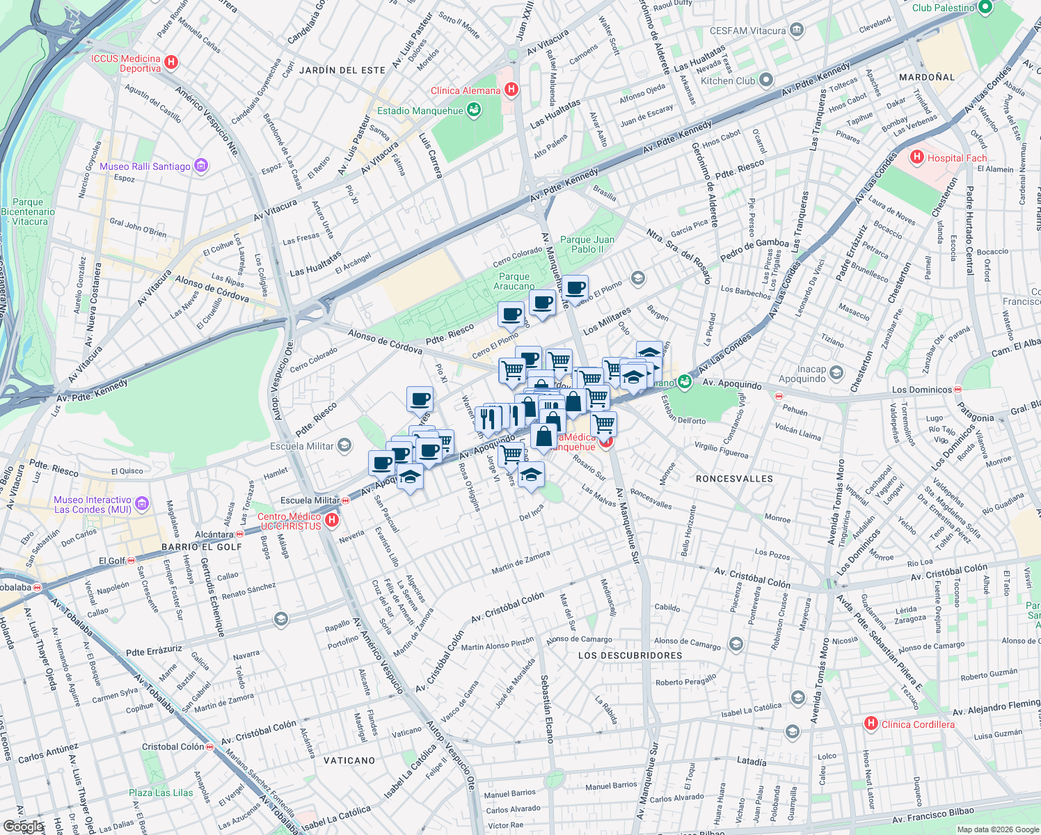 map of restaurants, bars, coffee shops, grocery stores, and more near 45 Badajoz in Las Condes