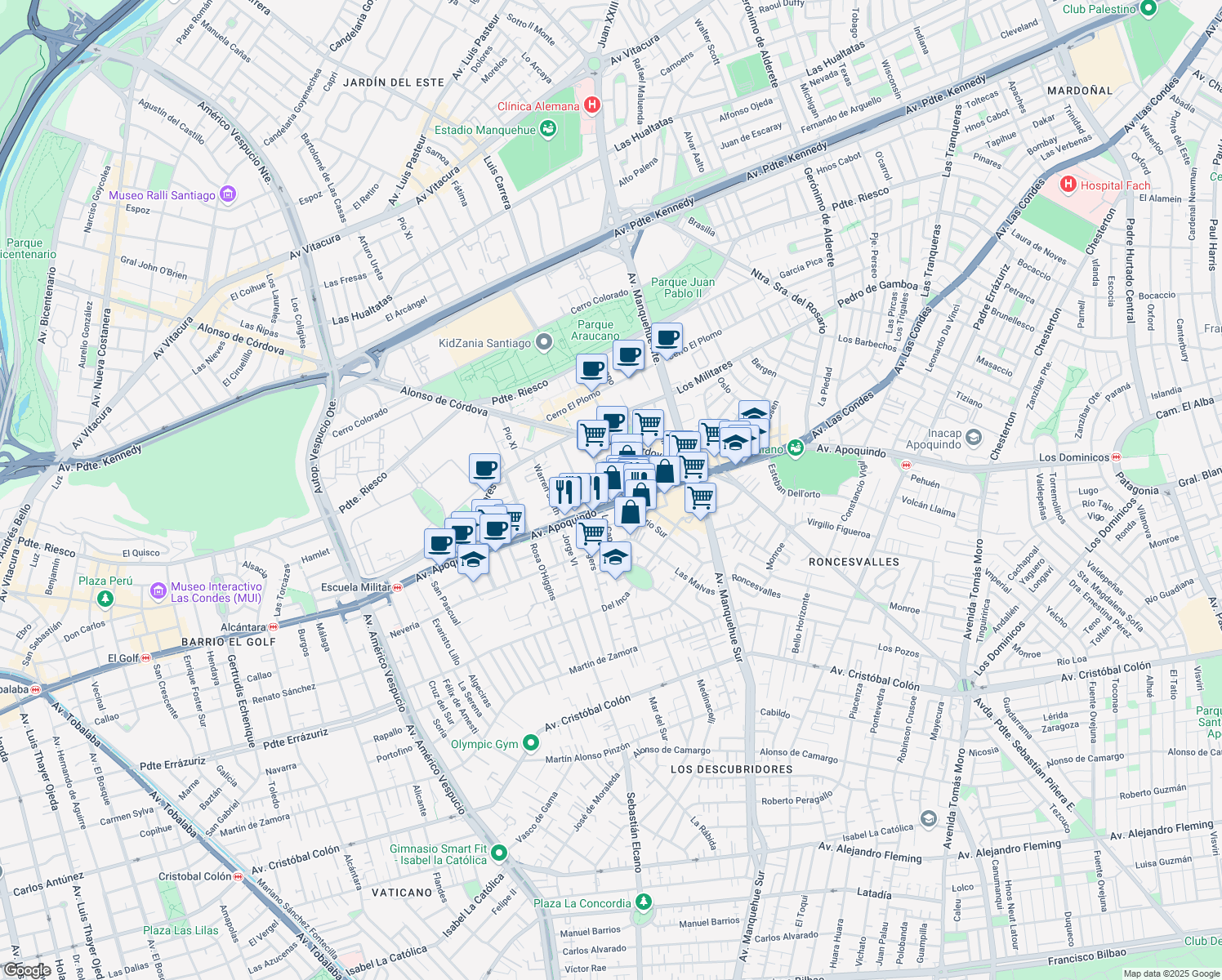 map of restaurants, bars, coffee shops, grocery stores, and more near 5550 Avenida Apoquindo in Las Condes