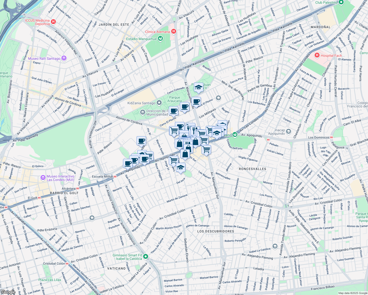 map of restaurants, bars, coffee shops, grocery stores, and more near 5680 Avenida Apoquindo in Las Condes
