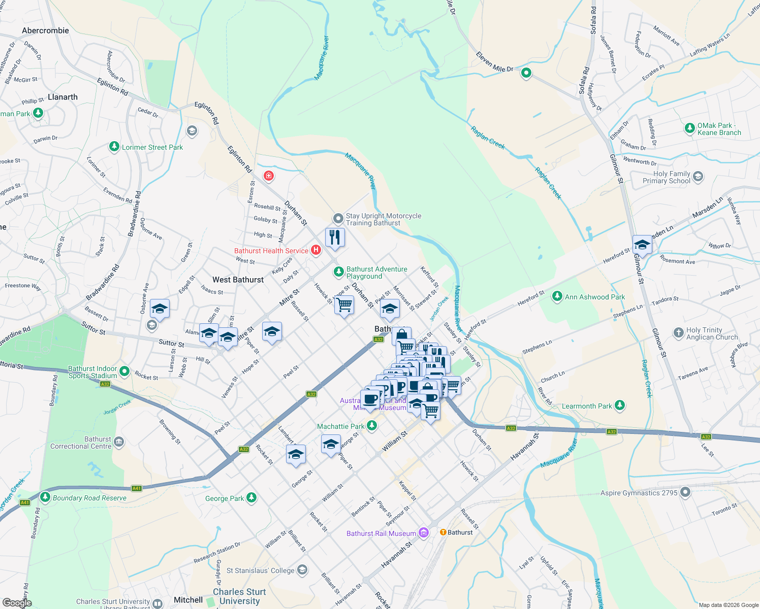 map of restaurants, bars, coffee shops, grocery stores, and more near 106 Peel Street in Bathurst
