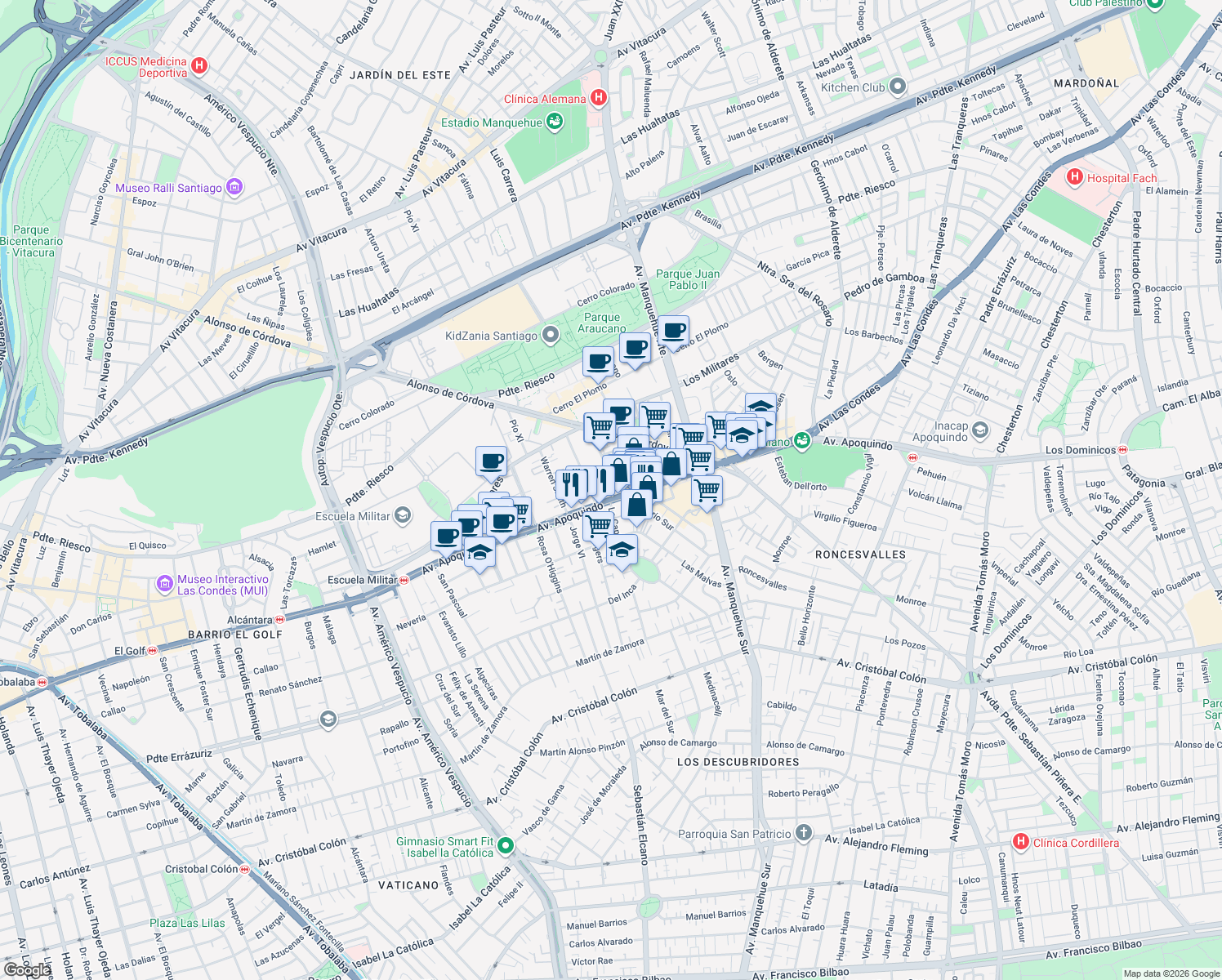map of restaurants, bars, coffee shops, grocery stores, and more near 25 Badajoz in Las Condes