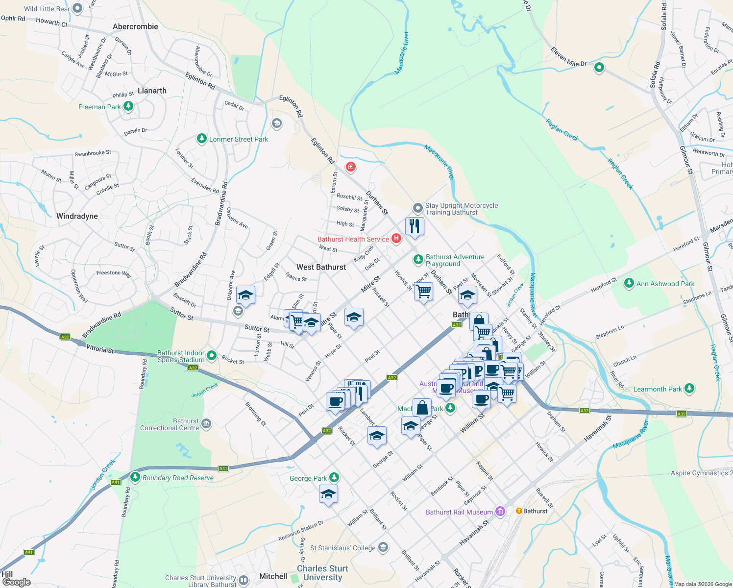 map of restaurants, bars, coffee shops, grocery stores, and more near 90 Mitre Street in Bathurst