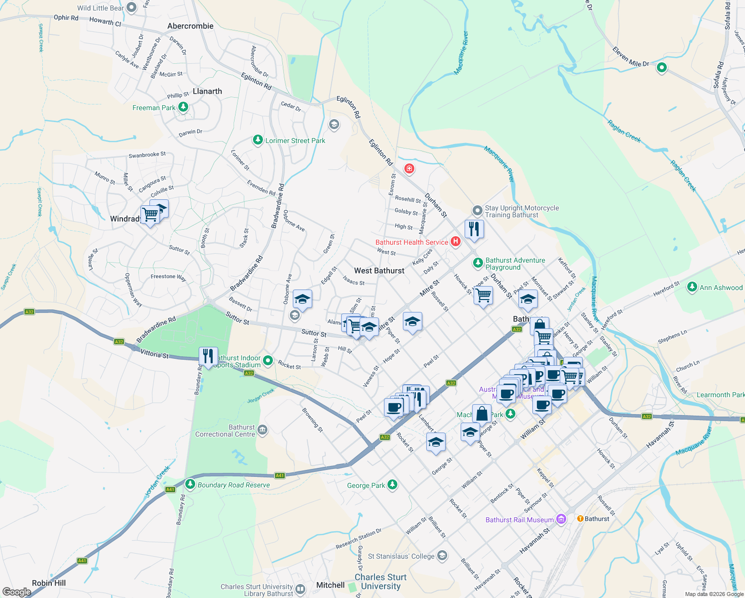 map of restaurants, bars, coffee shops, grocery stores, and more near 89 Esrom Street in West Bathurst