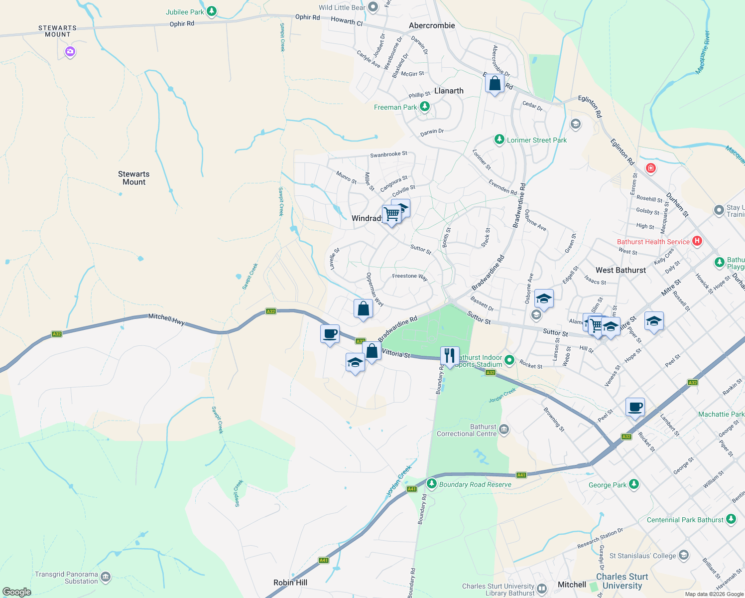 map of restaurants, bars, coffee shops, grocery stores, and more near 45 Opperman Way in Windradyne