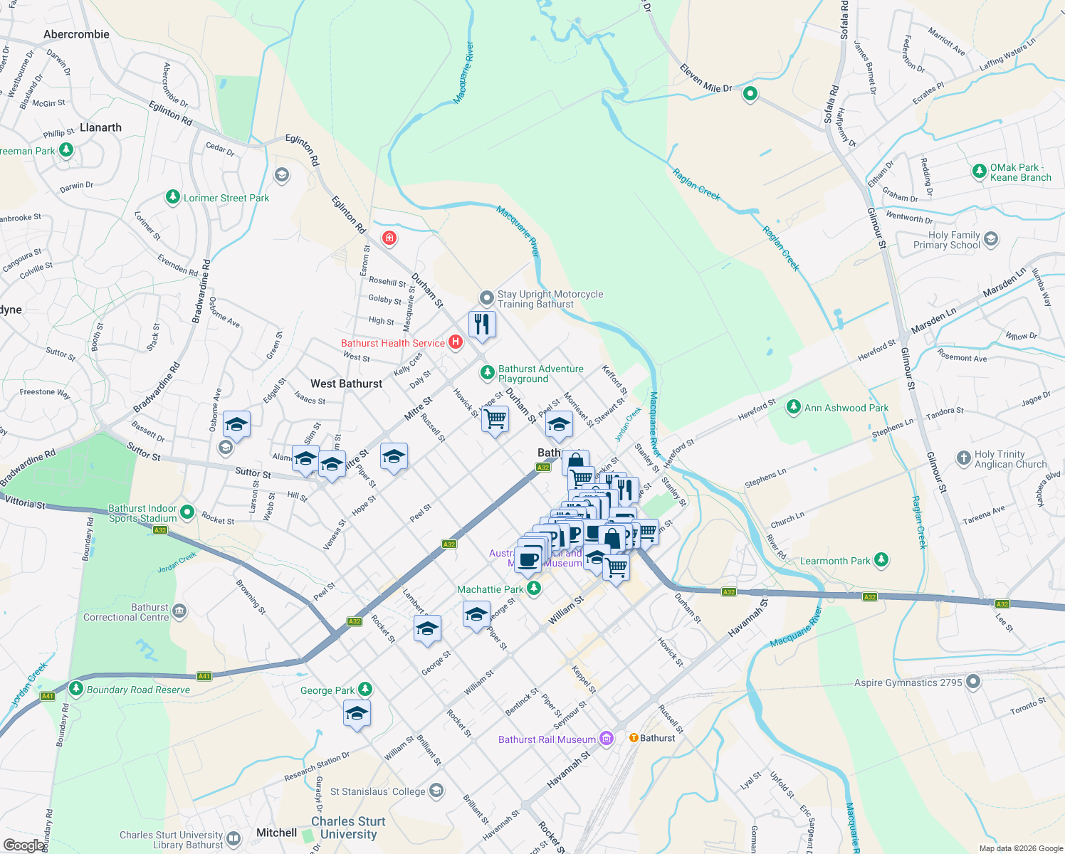 map of restaurants, bars, coffee shops, grocery stores, and more near 194 Durham Street in Bathurst