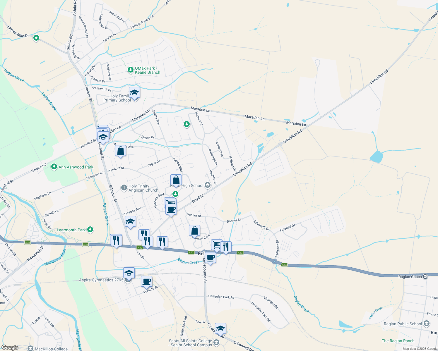 map of restaurants, bars, coffee shops, grocery stores, and more near 4 Scott Place in Kelso