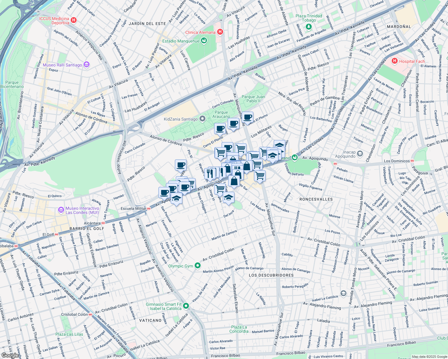 map of restaurants, bars, coffee shops, grocery stores, and more near 4660 Avenida Apoquindo in Las Condes