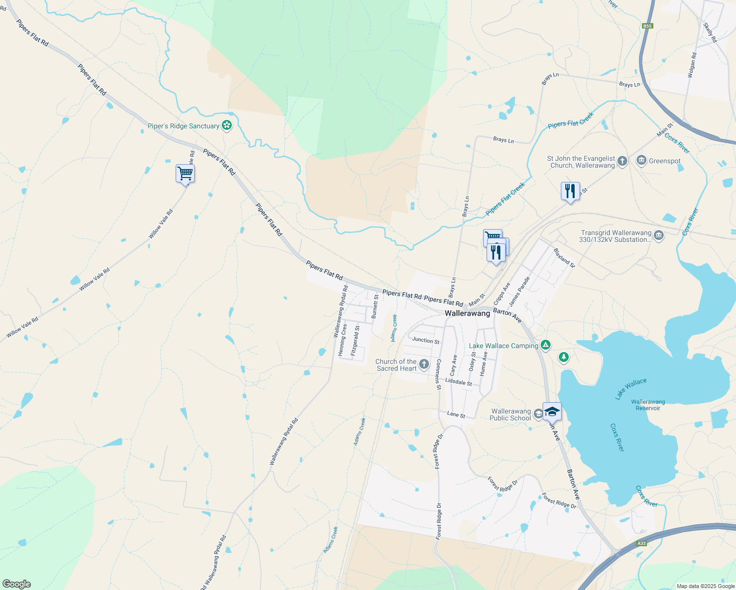 map of restaurants, bars, coffee shops, grocery stores, and more near 53 Pipers Flat Road in Wallerawang