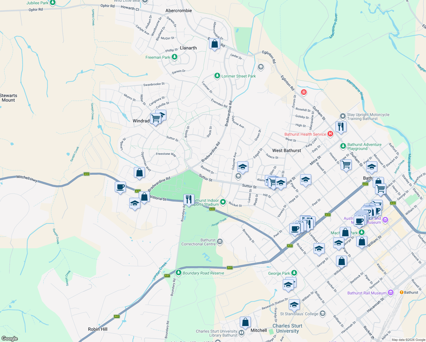 map of restaurants, bars, coffee shops, grocery stores, and more near 5 Bassett Drive in West Bathurst