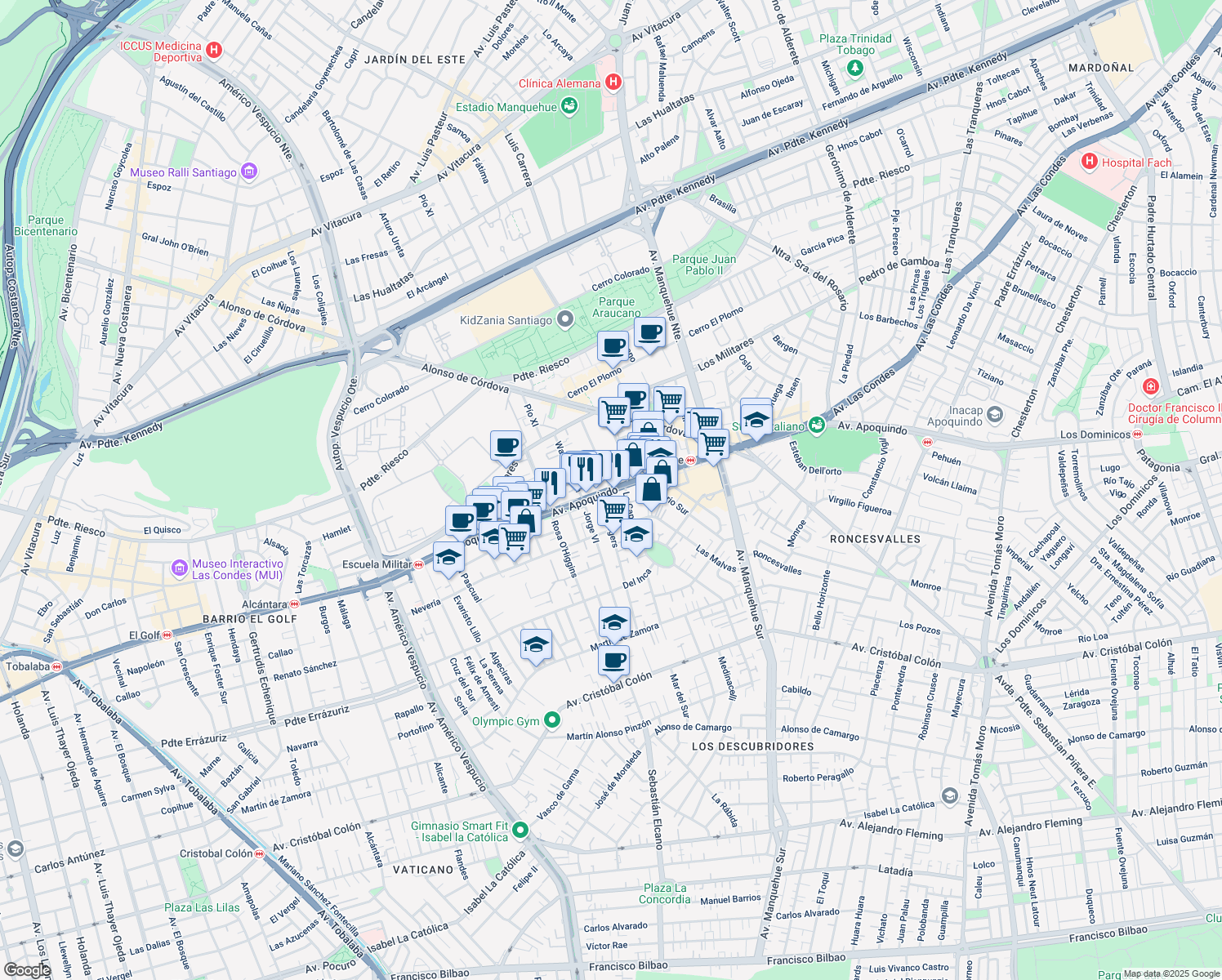 map of restaurants, bars, coffee shops, grocery stores, and more near 5400 Apoquindo in Santiago