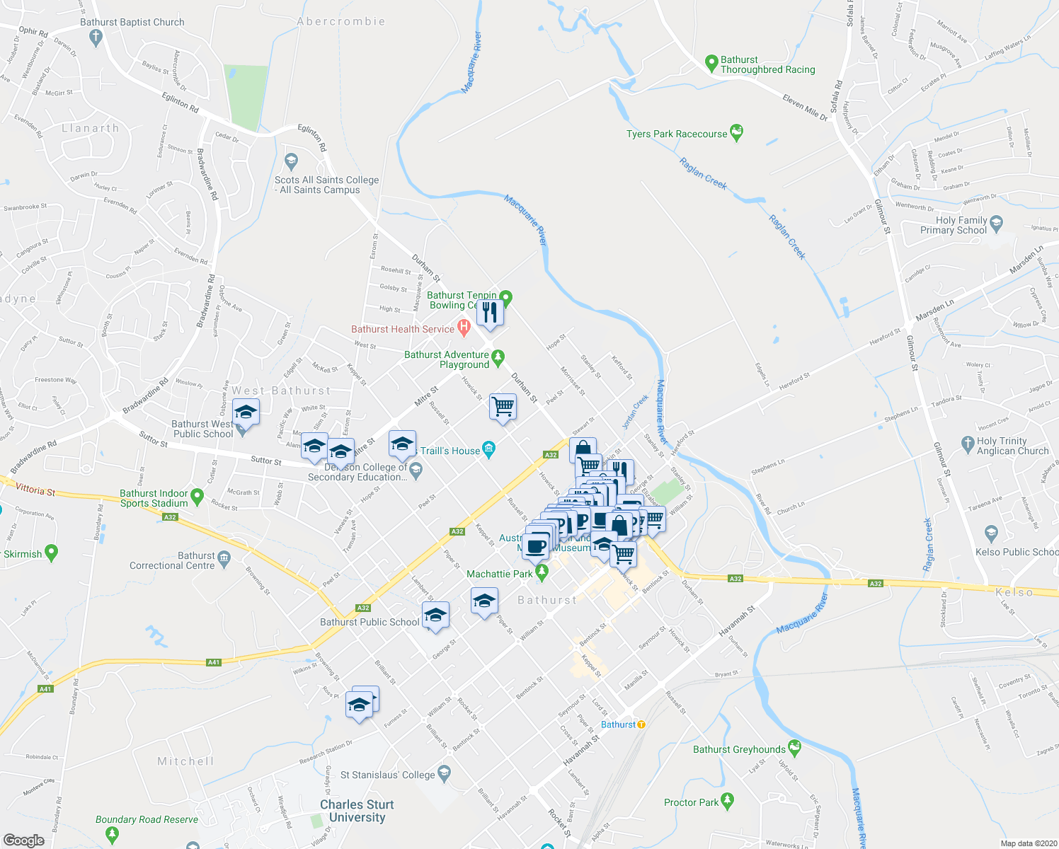 map of restaurants, bars, coffee shops, grocery stores, and more near 114 Peel Street in Bathurst