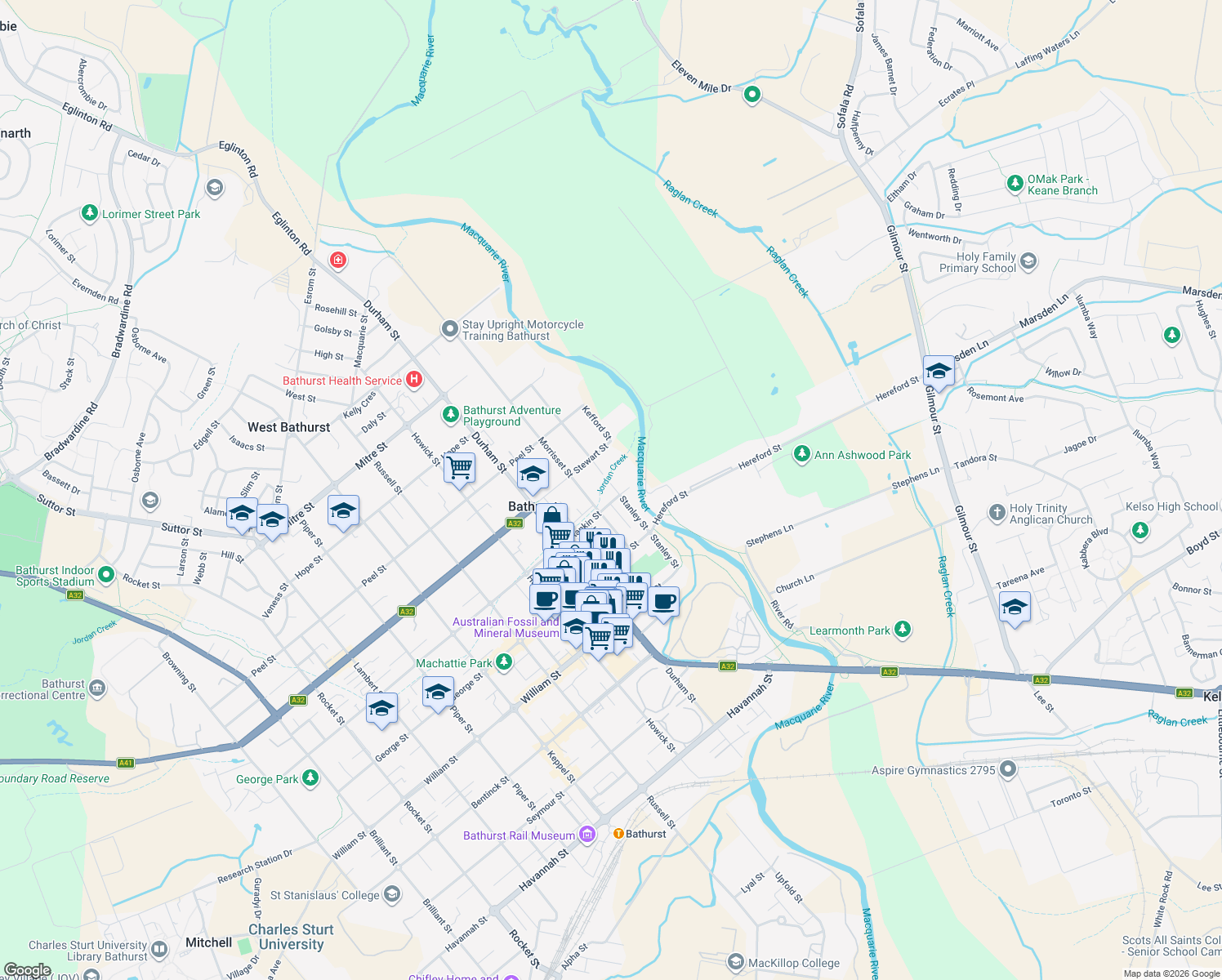 map of restaurants, bars, coffee shops, grocery stores, and more near 38 Stanley Street in Bathurst