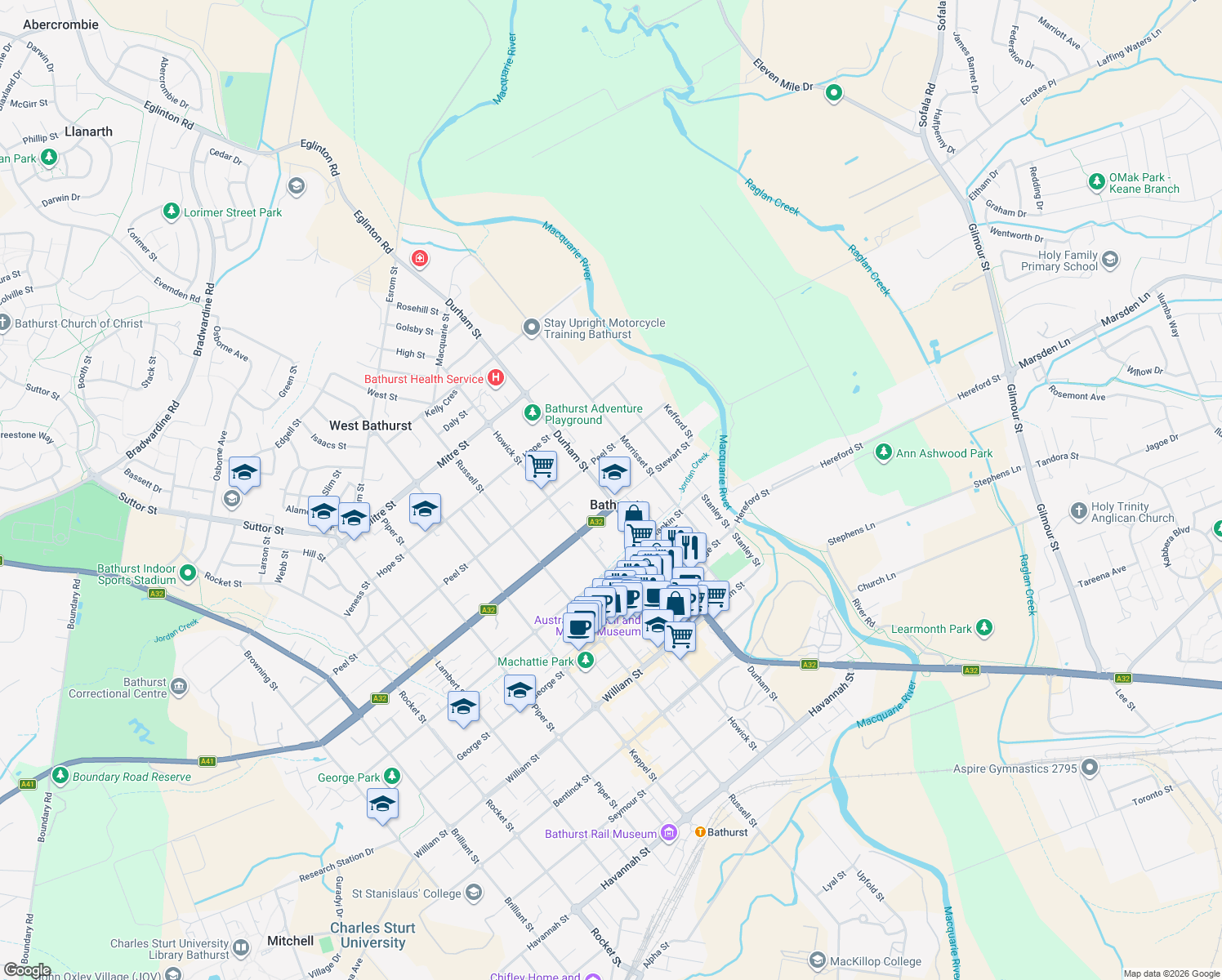 map of restaurants, bars, coffee shops, grocery stores, and more near 161 Durham Street in Bathurst