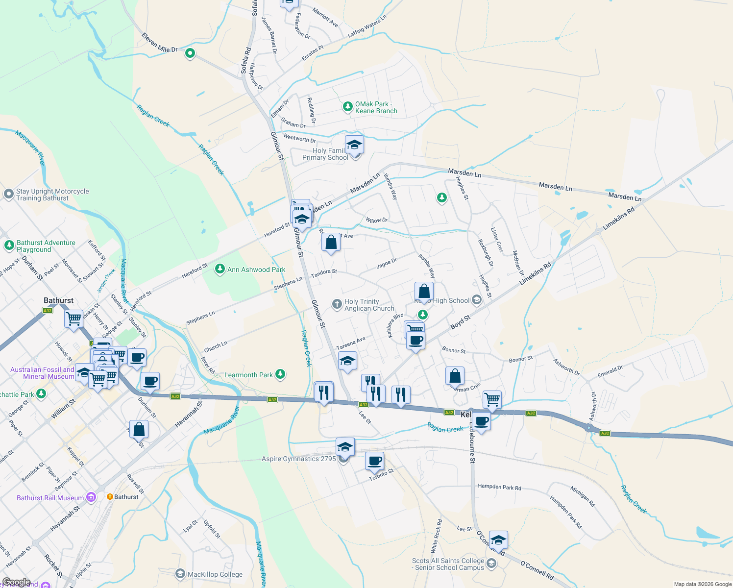 map of restaurants, bars, coffee shops, grocery stores, and more near 8 Walpole Close in Kelso
