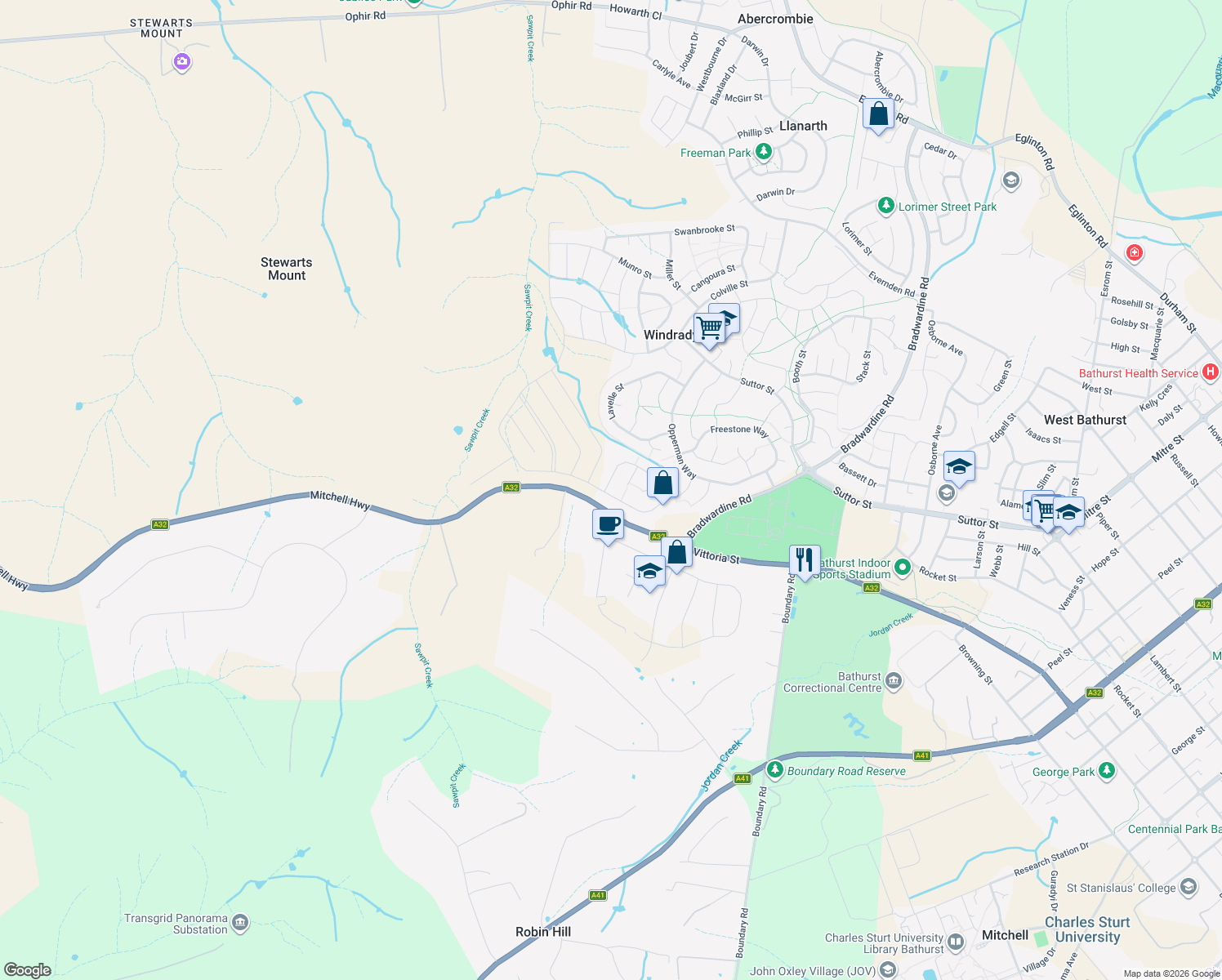 map of restaurants, bars, coffee shops, grocery stores, and more near 28 Ussher Crescent in Windradyne