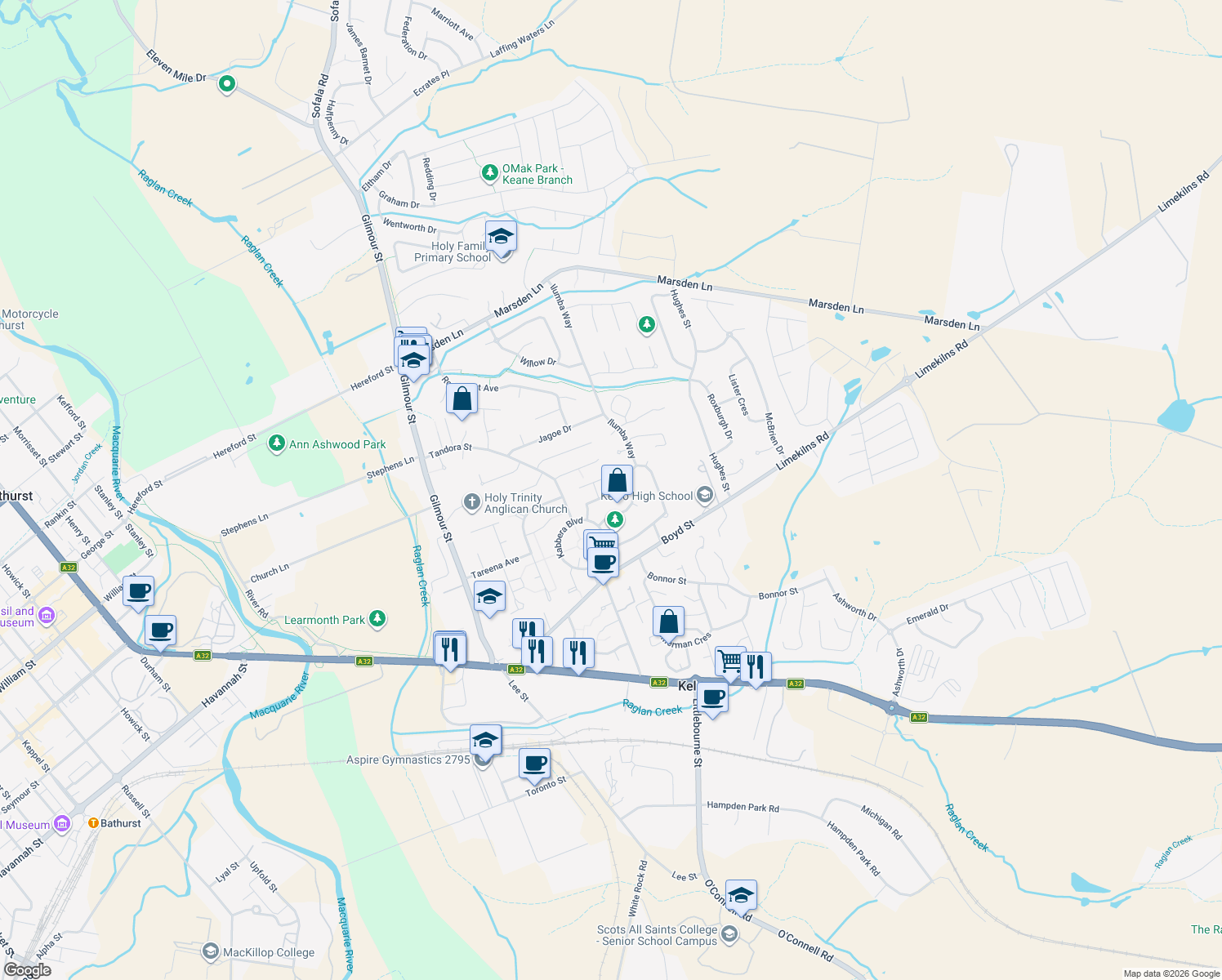 map of restaurants, bars, coffee shops, grocery stores, and more near 20 Weeronga Way in Kelso