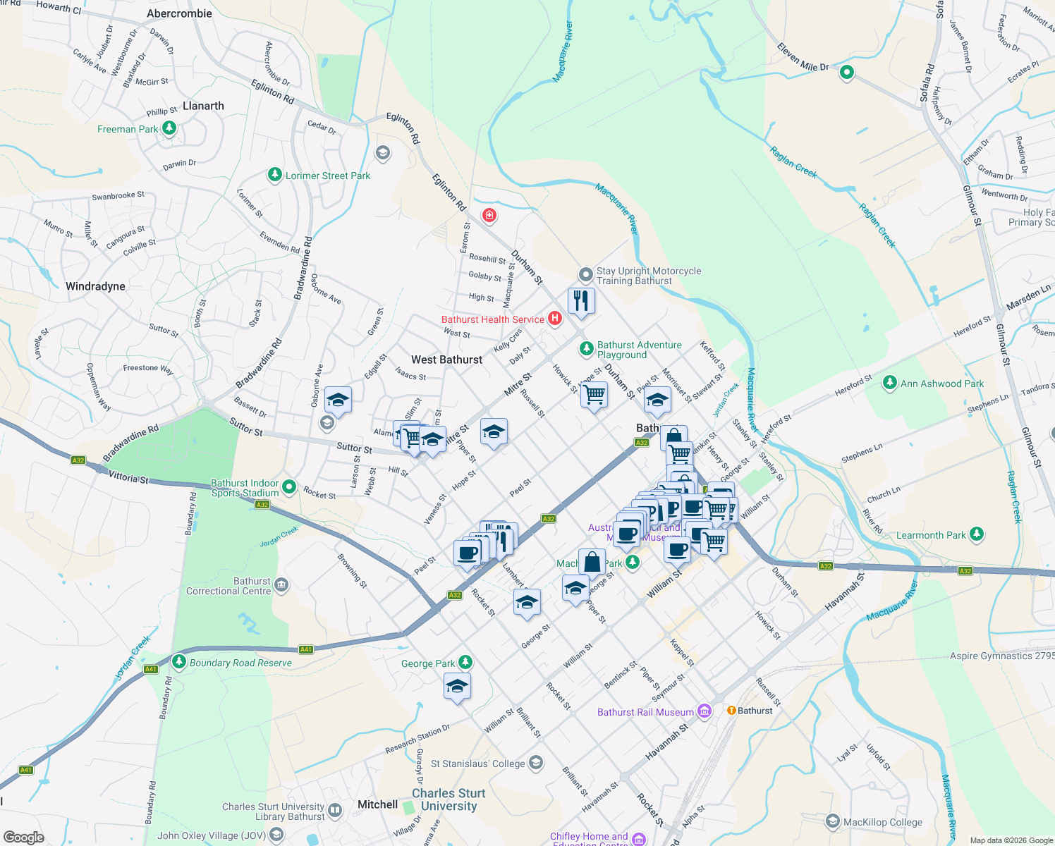 map of restaurants, bars, coffee shops, grocery stores, and more near 131 Hope Street in Bathurst