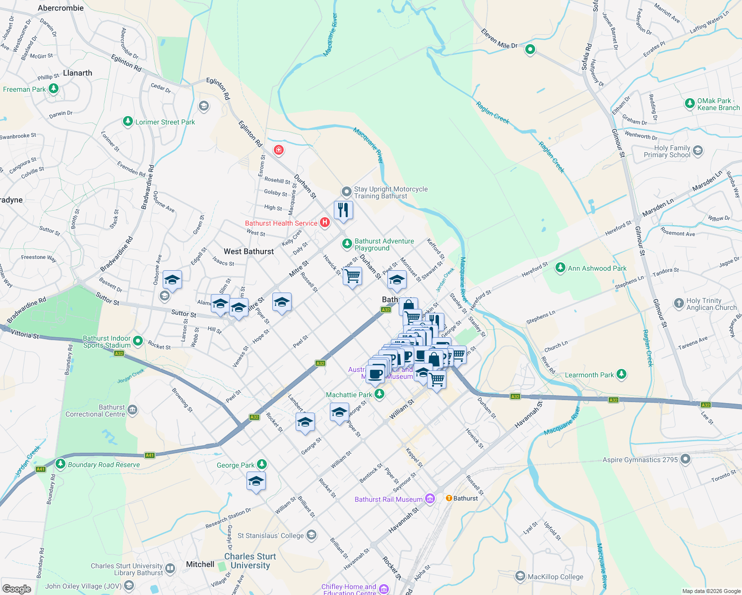 map of restaurants, bars, coffee shops, grocery stores, and more near 319 Howick Street in Bathurst