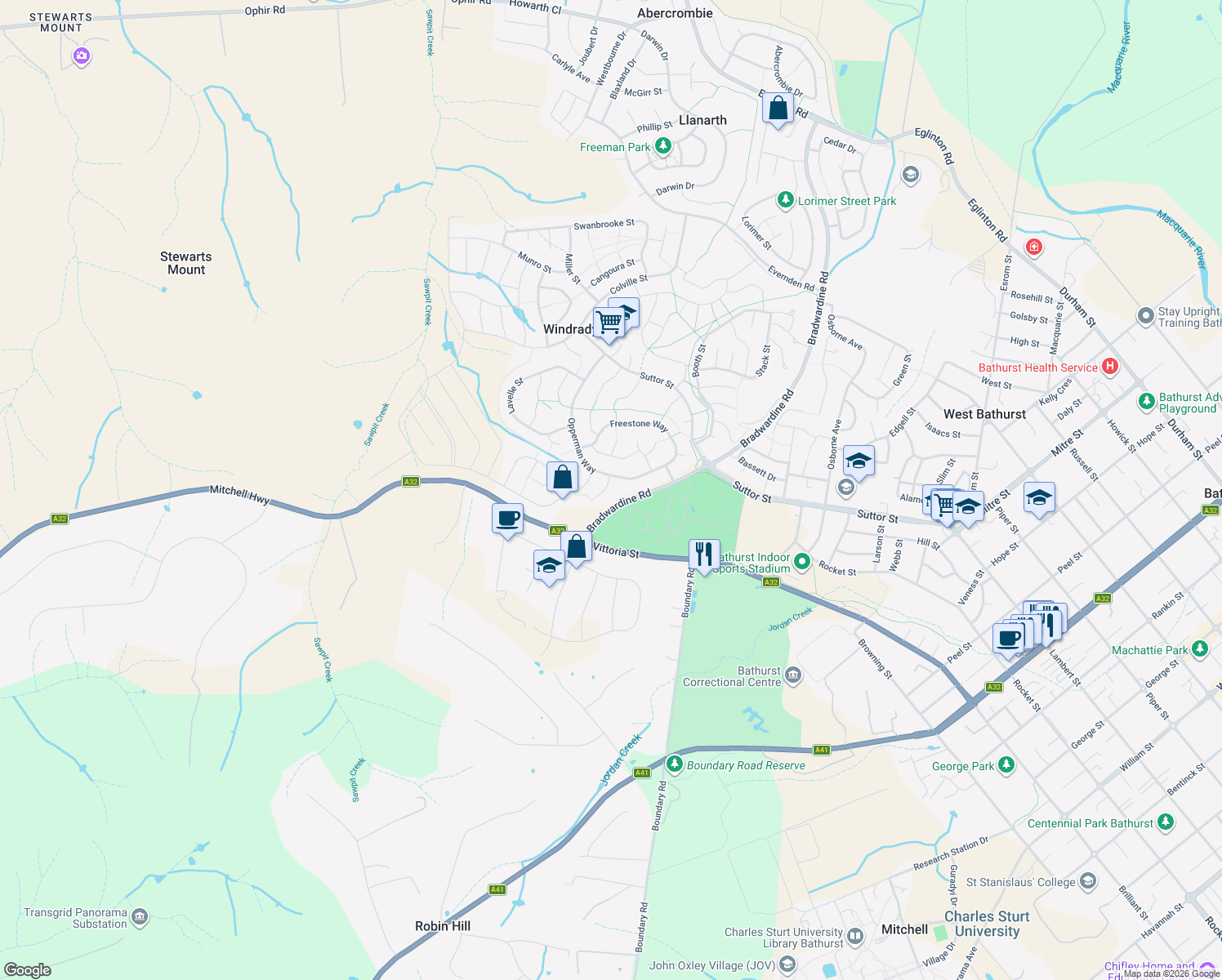 map of restaurants, bars, coffee shops, grocery stores, and more near 8 Weal Place in Windradyne