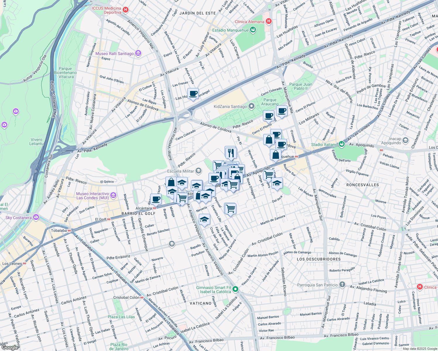 map of restaurants, bars, coffee shops, grocery stores, and more near 4777 Los Militares in Las Condes