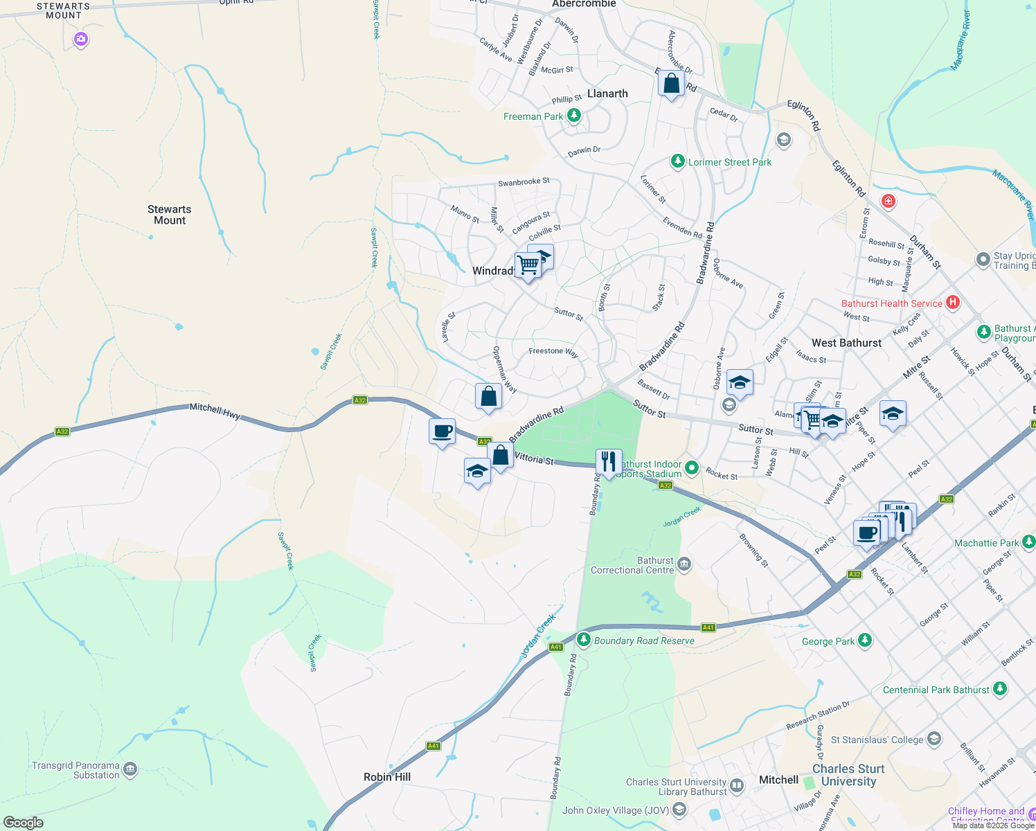 map of restaurants, bars, coffee shops, grocery stores, and more near 16 Weal Place in Windradyne