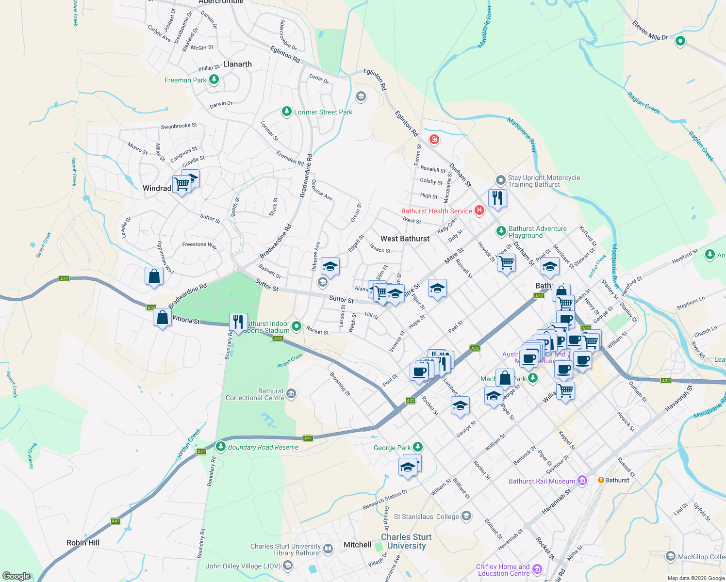 map of restaurants, bars, coffee shops, grocery stores, and more near 25 Alamein Walk in West Bathurst
