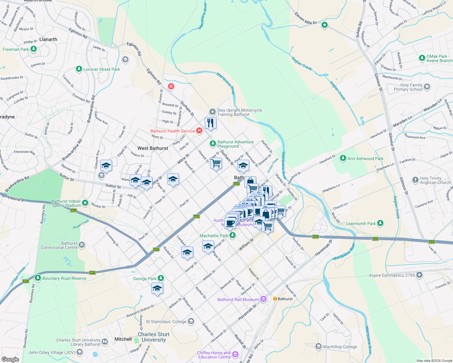 map of restaurants, bars, coffee shops, grocery stores, and more near 309 Howick Street in Bathurst