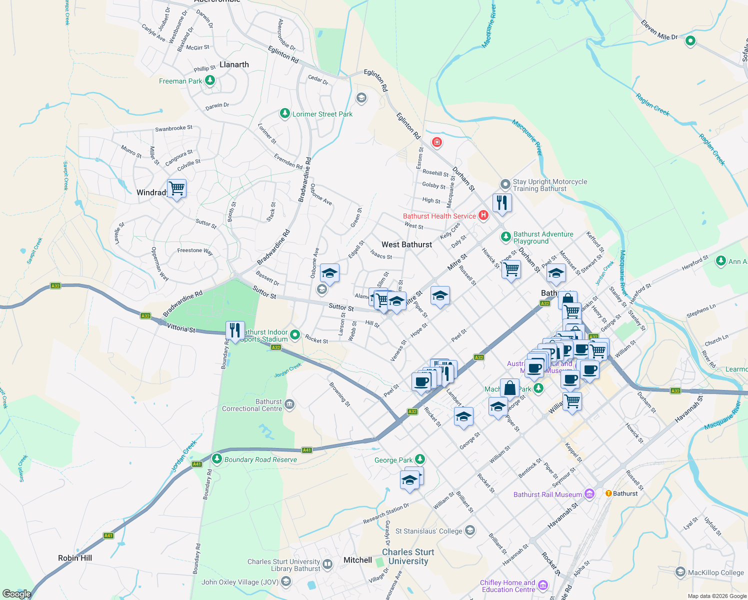 map of restaurants, bars, coffee shops, grocery stores, and more near 15 Alamein Walk in West Bathurst
