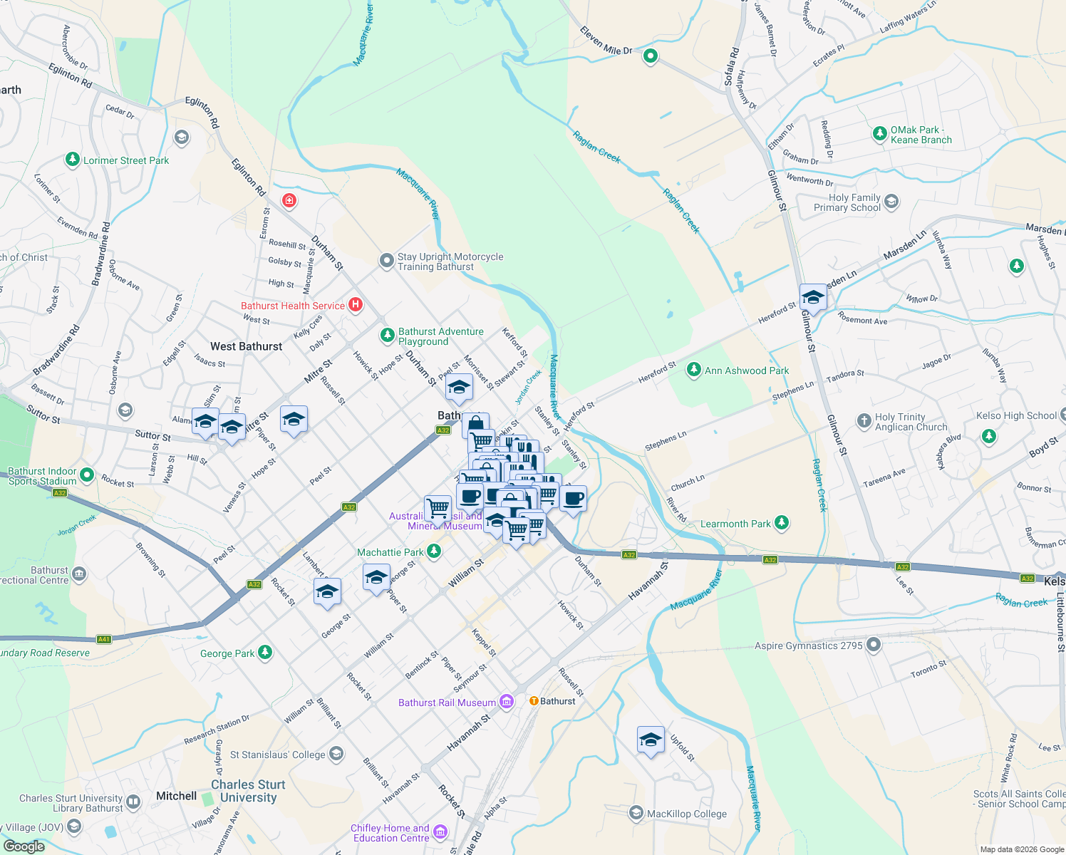 map of restaurants, bars, coffee shops, grocery stores, and more near 27 Morrisset Street in Bathurst