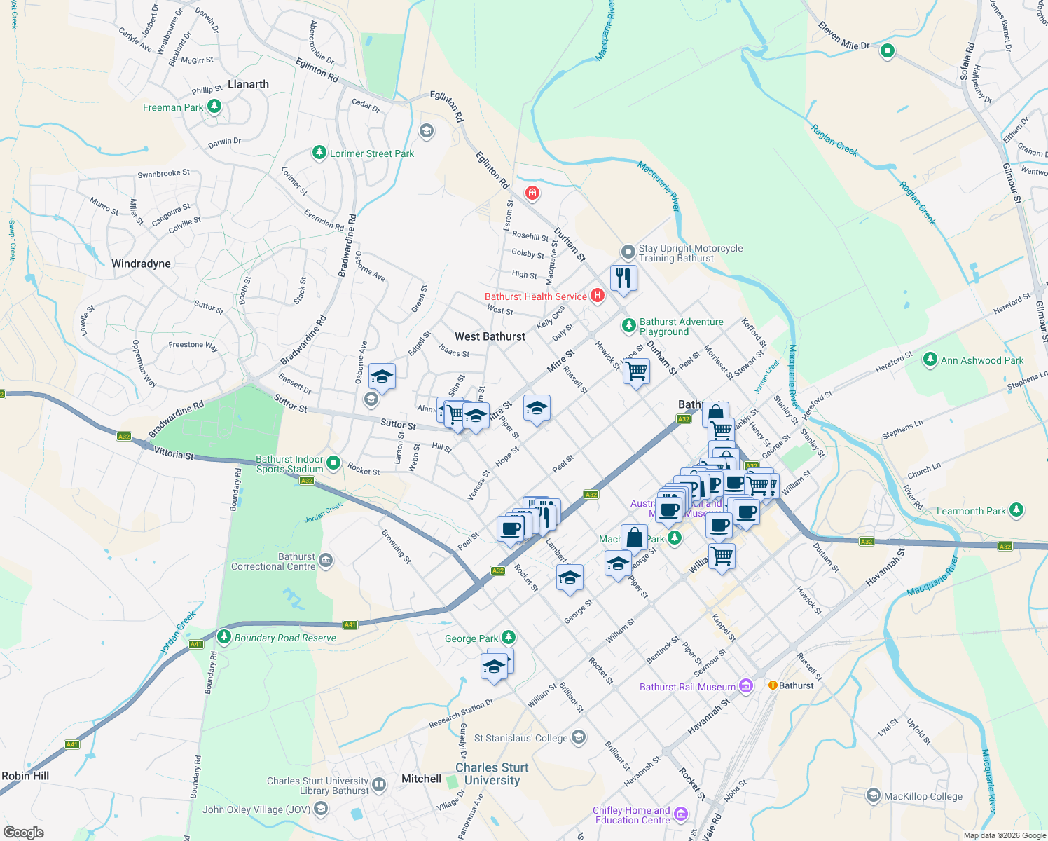 map of restaurants, bars, coffee shops, grocery stores, and more near 273A Piper Street in Bathurst