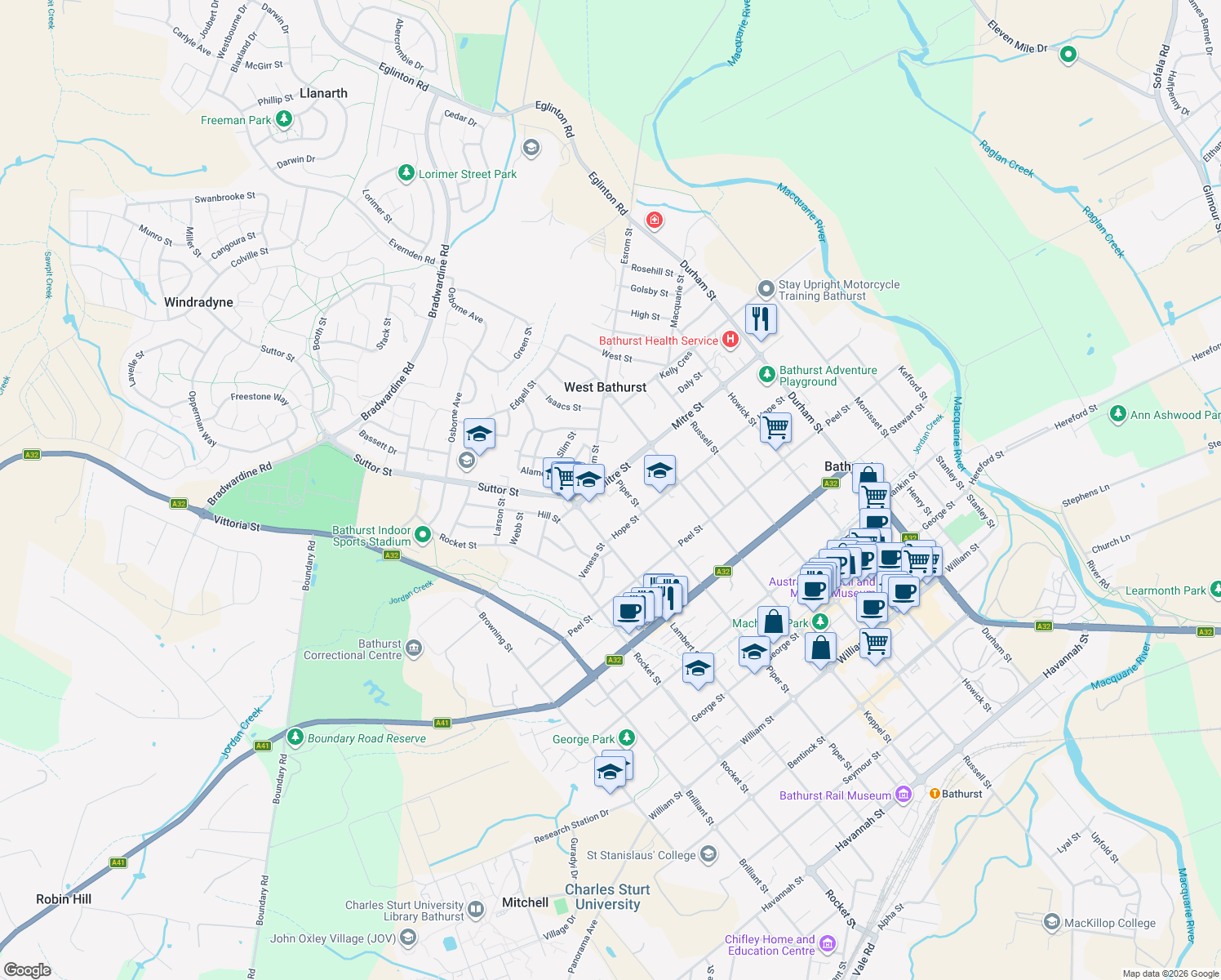 map of restaurants, bars, coffee shops, grocery stores, and more near 170 Mitre Street in Bathurst
