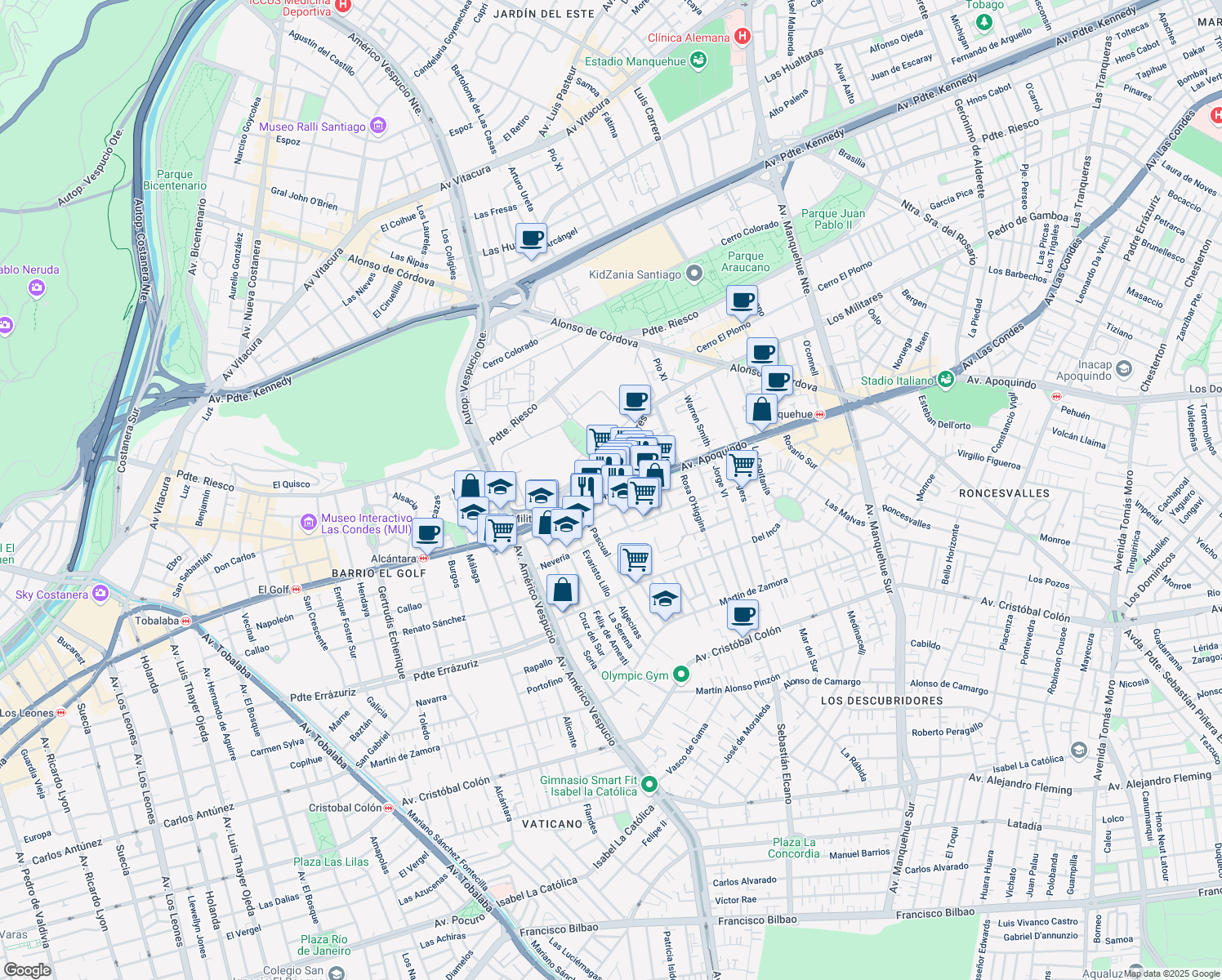 map of restaurants, bars, coffee shops, grocery stores, and more near 4820 Avenida Apoquindo in Las Condes