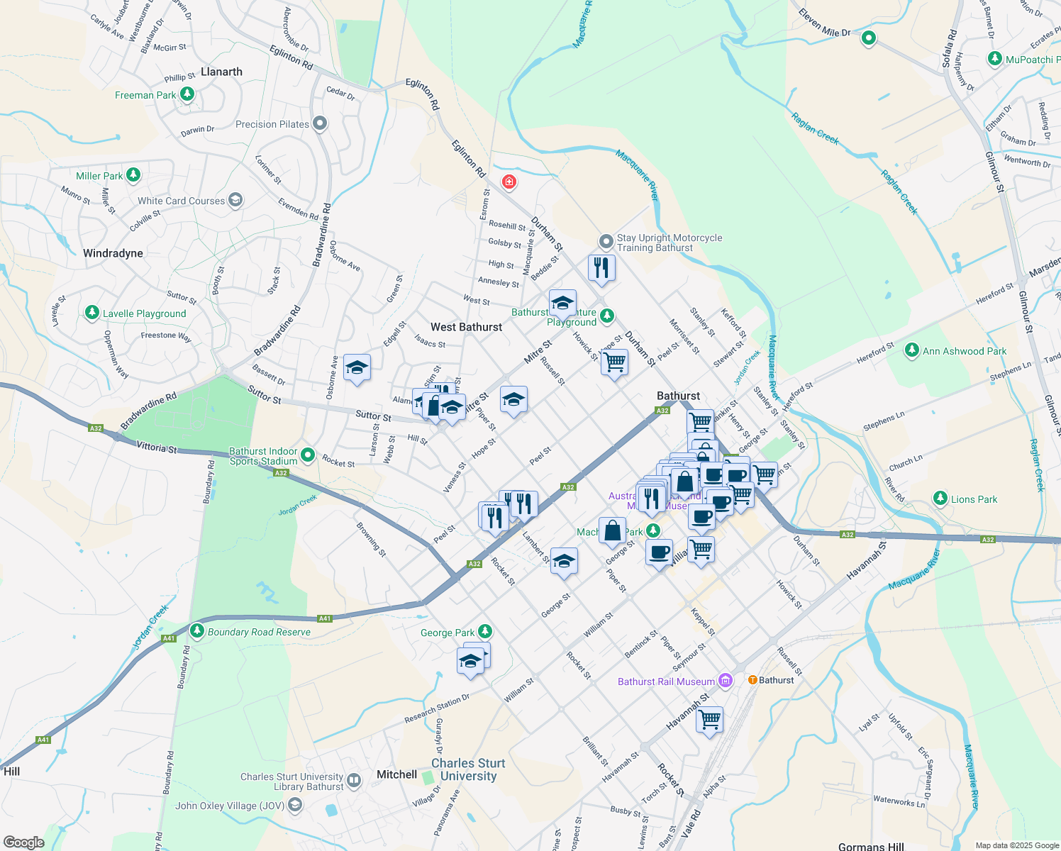 map of restaurants, bars, coffee shops, grocery stores, and more near 190 Hope Street in Bathurst