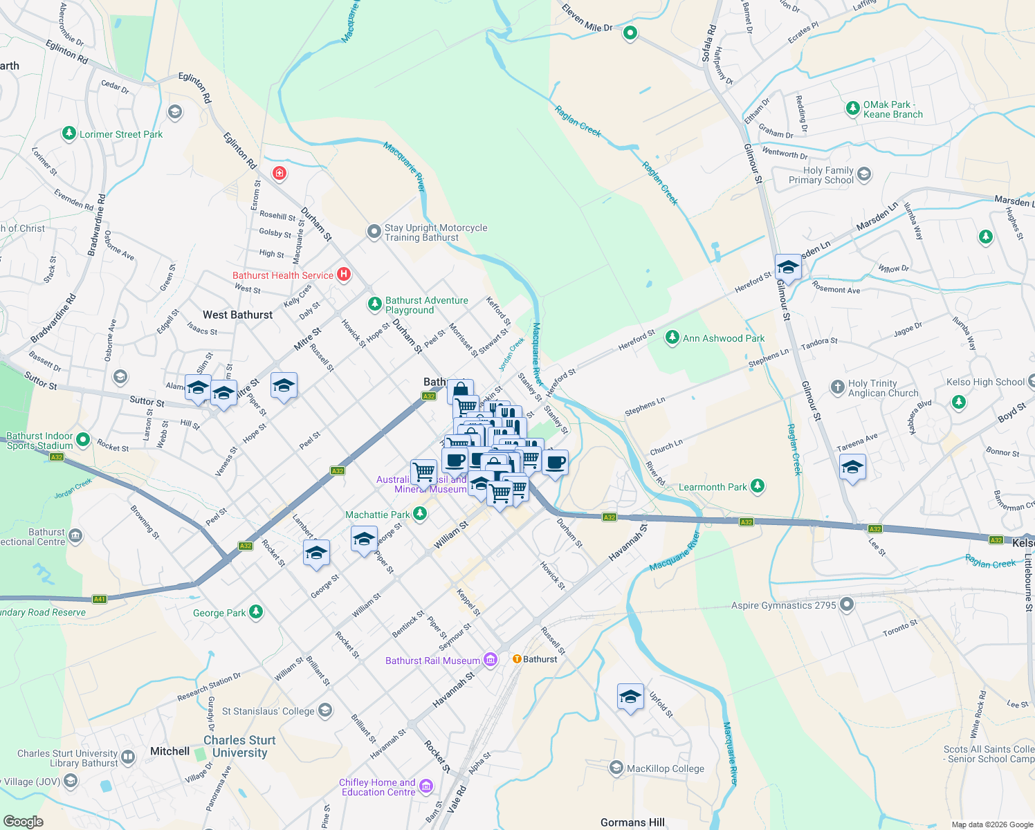 map of restaurants, bars, coffee shops, grocery stores, and more near 8 Morrisset Street in Bathurst