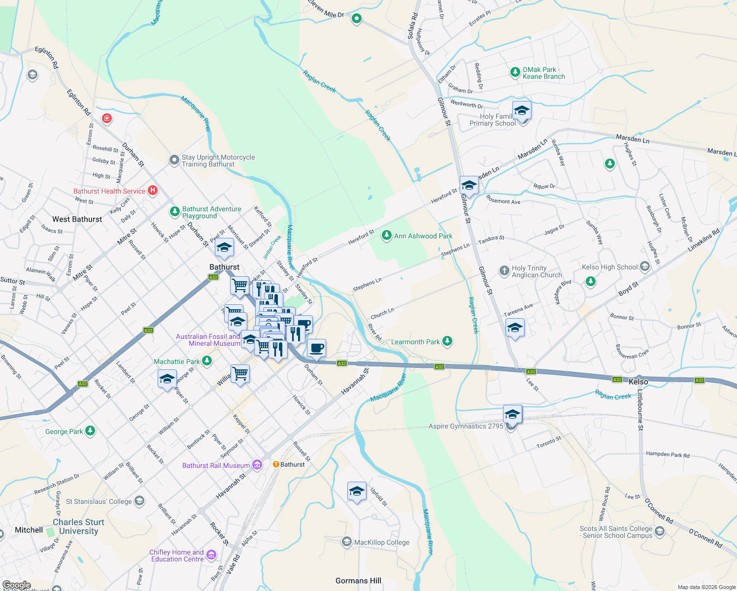 map of restaurants, bars, coffee shops, grocery stores, and more near River Road in Kelso