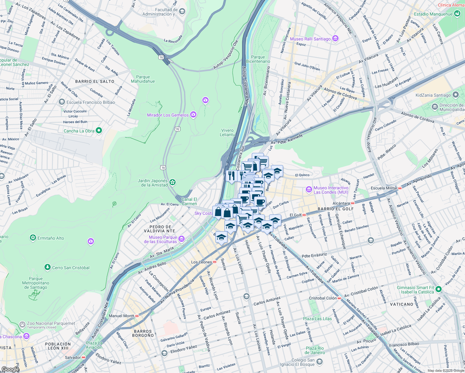 map of restaurants, bars, coffee shops, grocery stores, and more near 2730 Avenida Costanera Sur in Providencia