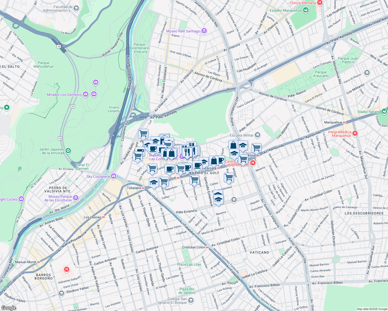 map of restaurants, bars, coffee shops, grocery stores, and more near 181 Magdalena in Las Condes