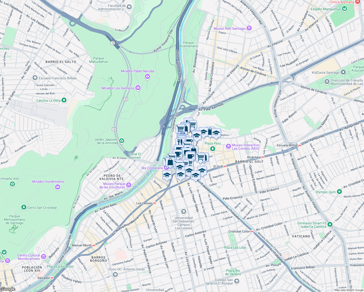 map of restaurants, bars, coffee shops, grocery stores, and more near 2800 Isidora Goyenechea in Santiago