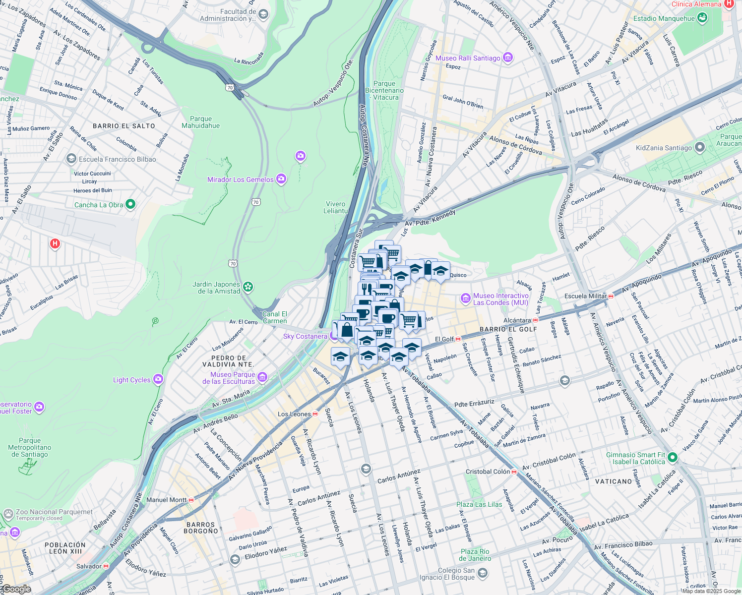 map of restaurants, bars, coffee shops, grocery stores, and more near 2800 Isidora Goyenechea in Santiago